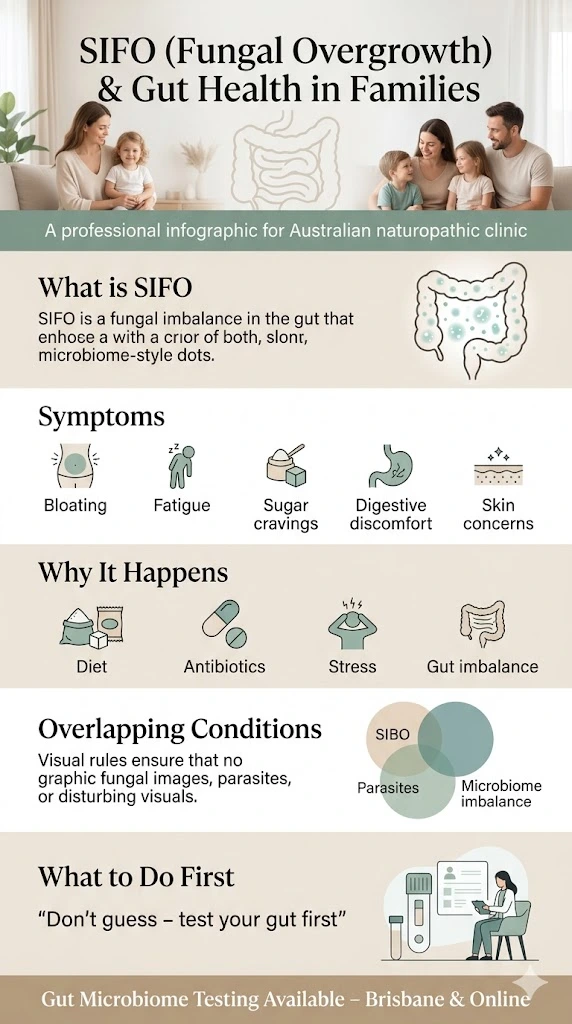 SIFO fungal overgrowth symptoms gut health infographic Brisbane naturopath microbiome